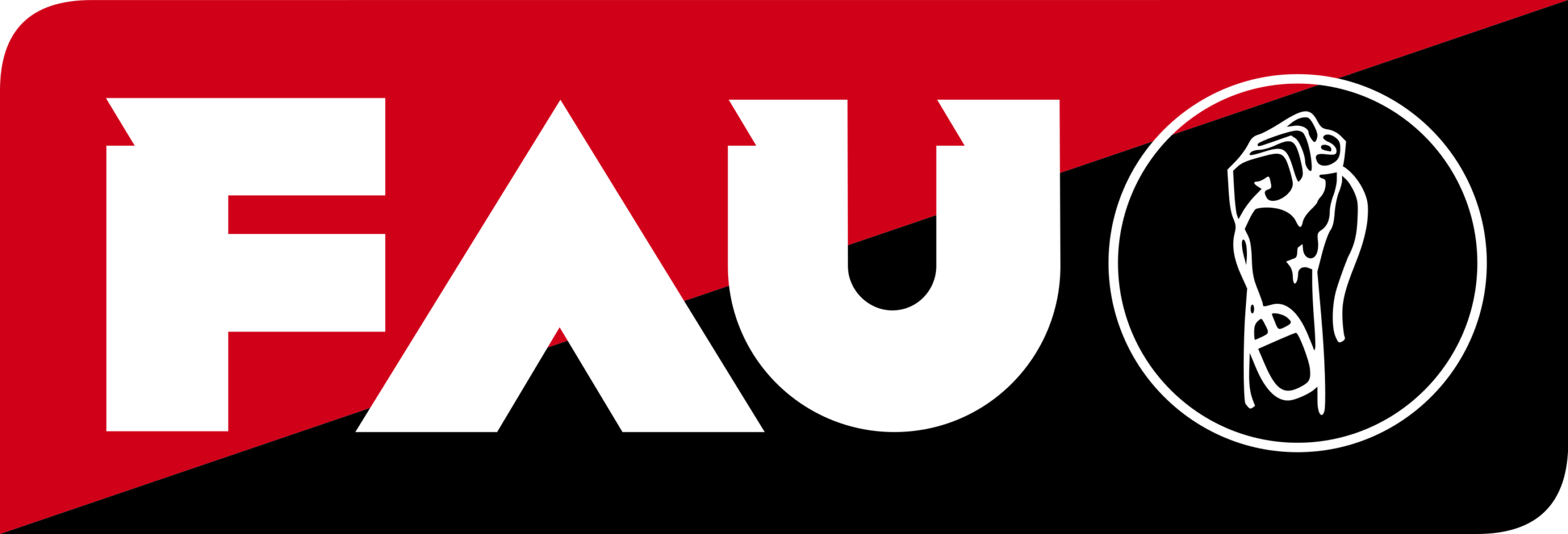 FAU Logo: Diagonal getrennter rot-schwarzer Hintergrund. Weißer Schriftzug nut deb Großbuchstaben FAU. Dahinter ein Kreis mit einer stilisierten Faust, die eine PC-Maus hält.